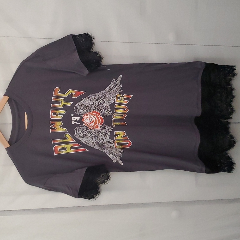 Always On Tour Lace Fringe Band Tee Tunic NWOT